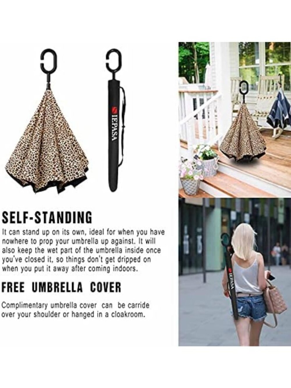 Leopard Print 49 Inch Inverted Reverse Umbrella, Windproof & Waterproof Design - Picture 3 of 6